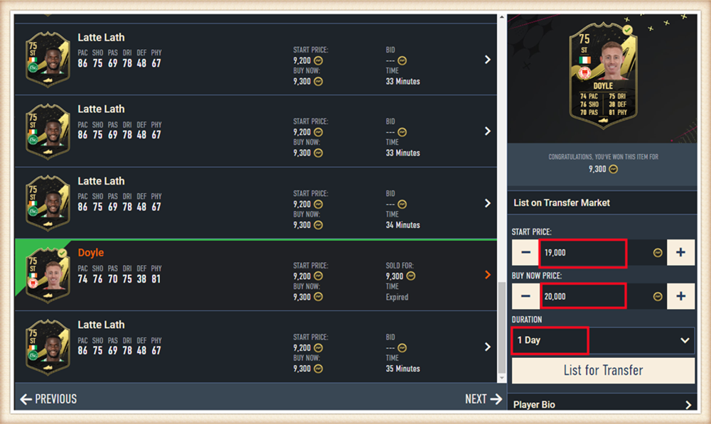 Gekochte Speler Plaatsen op Transfermarkt